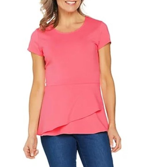 Isaac Mizrahi Tops - Isaac Mizrahi Live! Short Sleeve Peplum Flounce Knit Top - XL- Coral - NWOT